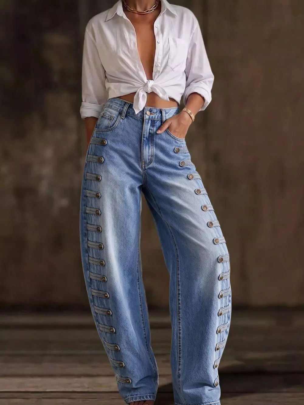 Decorative Button Wide Leg Jeans, image 20