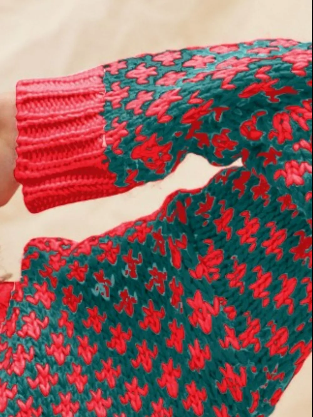 Color Block Textured Christmas Sweater V Neck Top, image 2