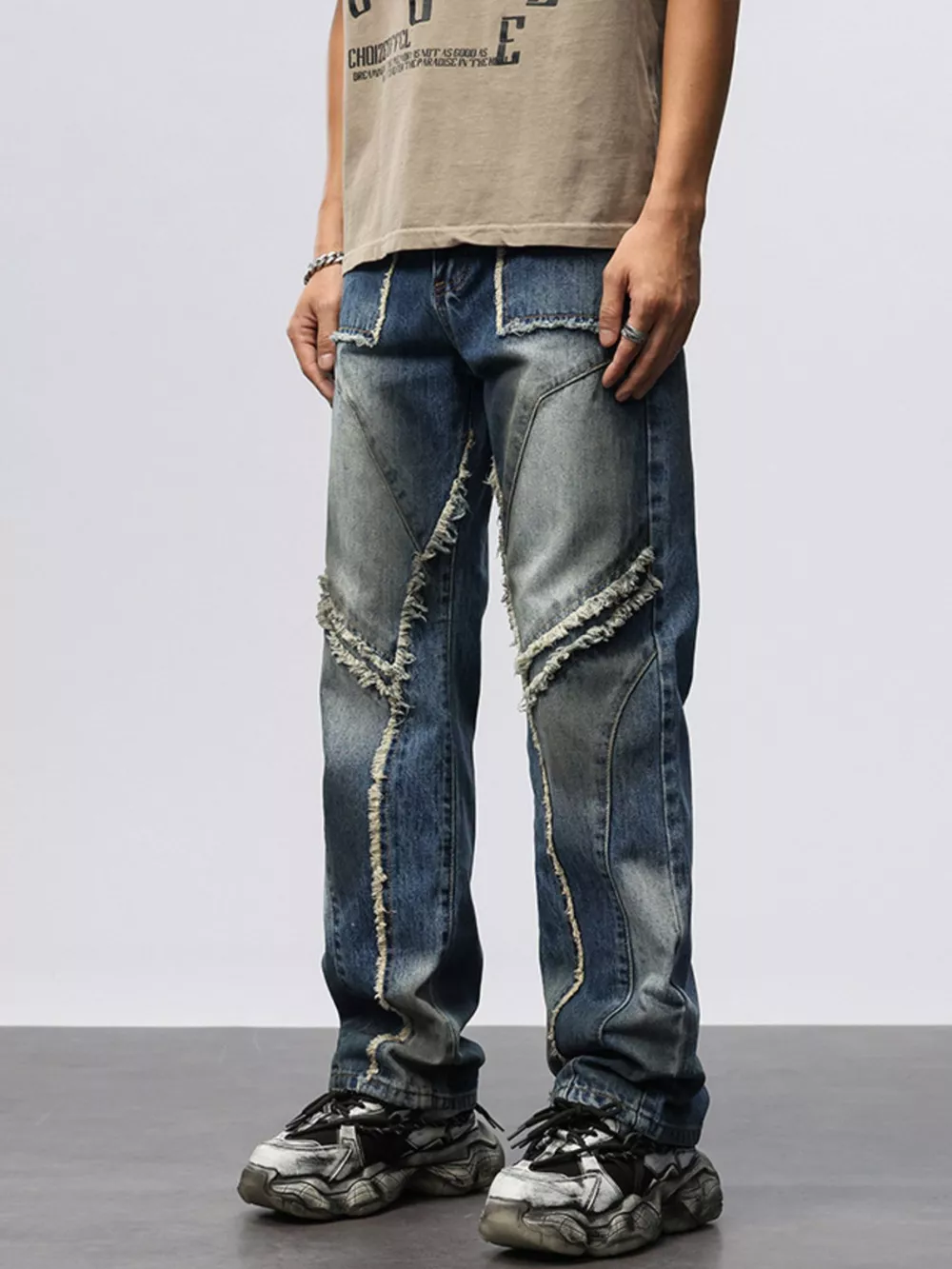 Men's Frayed Hem Wide Leg Jeans, image 4