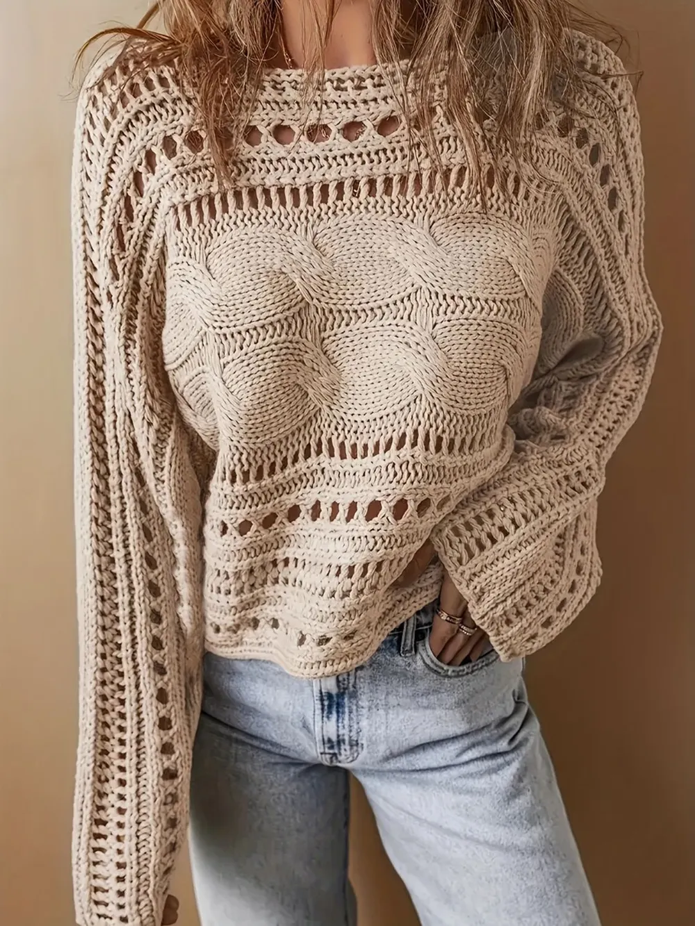 Hollow Out Cable-Knit Boat Neck Sweater, image 3