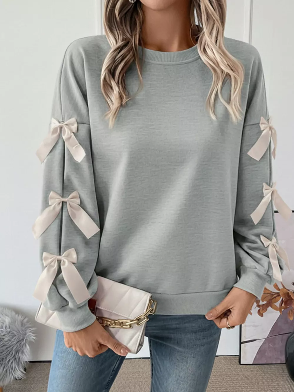 Bowknot Sleeve Round Neck Sweatshirt, image 2