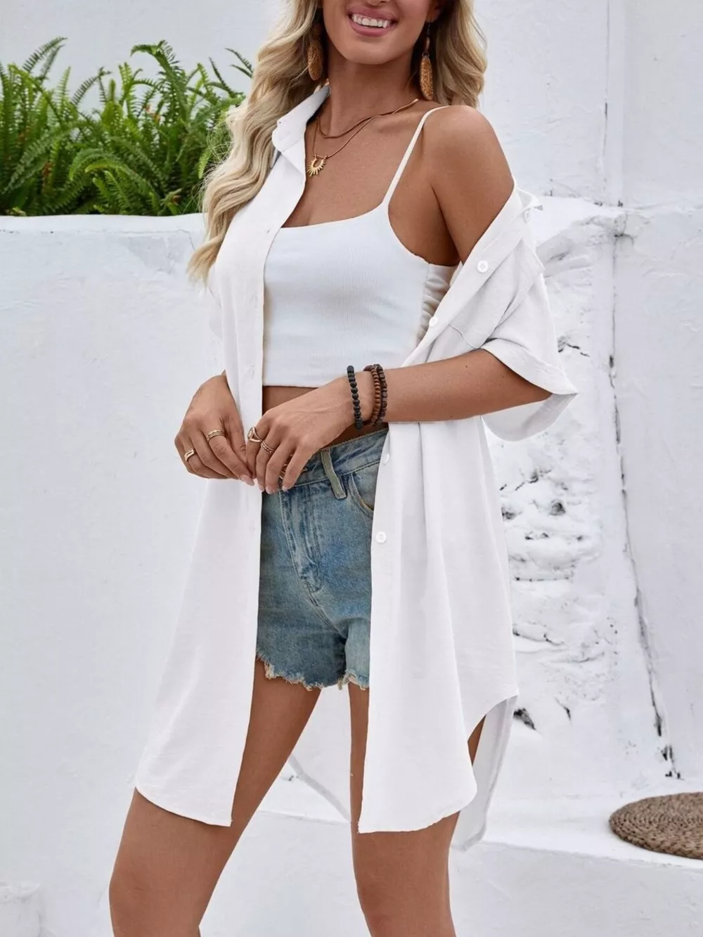 Relaxed Fit Button-Down Longline Shirt, image 3
