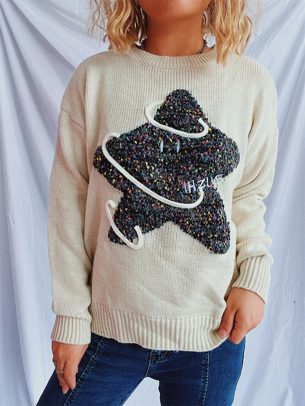 Contrast Star Round Neck Long Sleeve Sweater, image 11