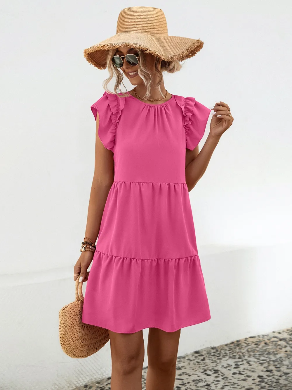 Ruffled Round Neck Cap Sleeve Mini Dress, image 3