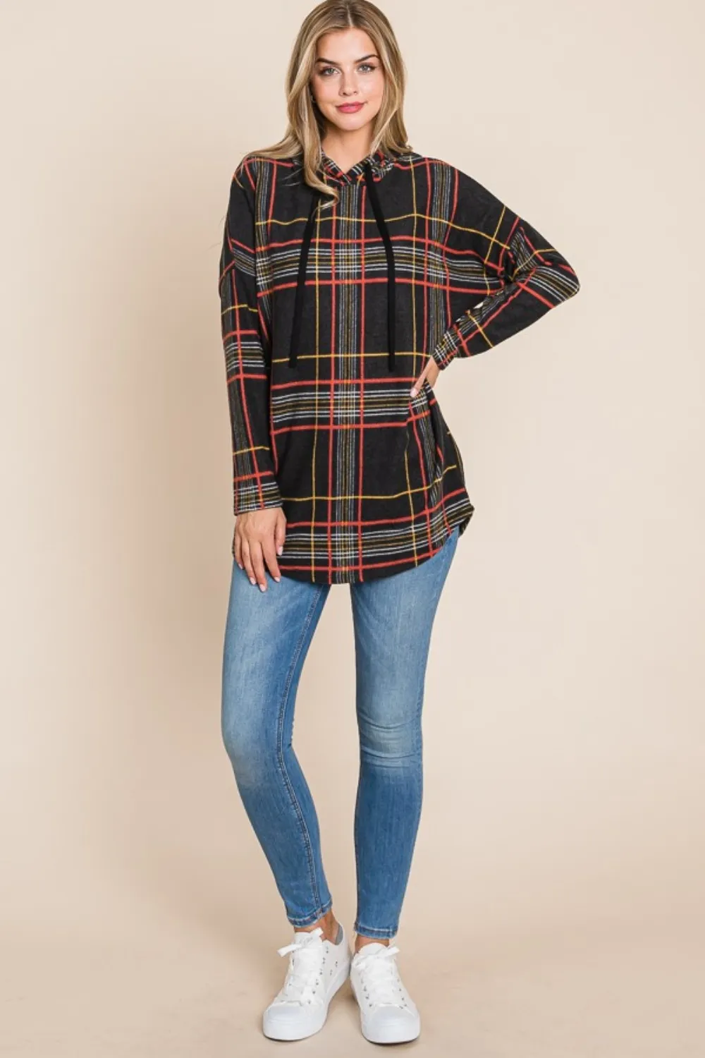 Drawstring Plaid Long Sleeve Hoodie, image 5