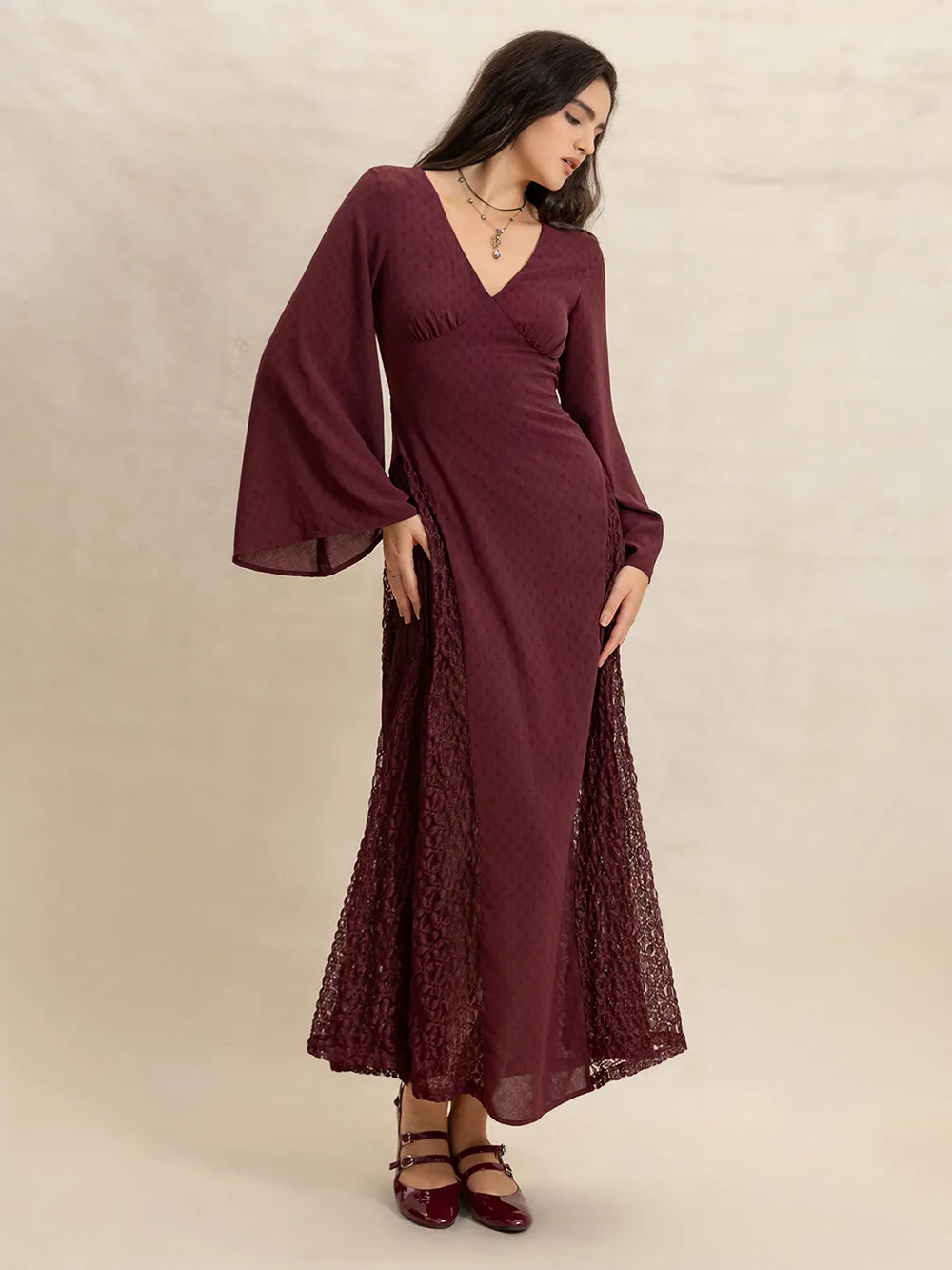 Lace Patchwork V-Neck Long Sleeve Midi Dress, image 3