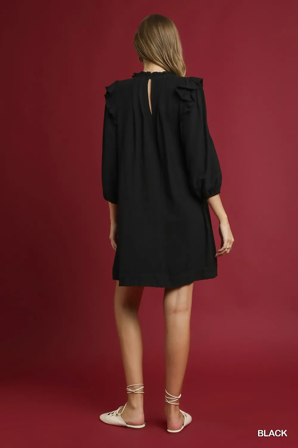 Linen Ruffle Shoulder Pleated Babydoll Dress, image 3