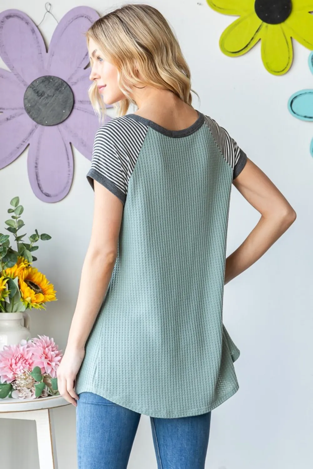 Full Size Striped Short Sleeve Waffle T-Shirt, image 2