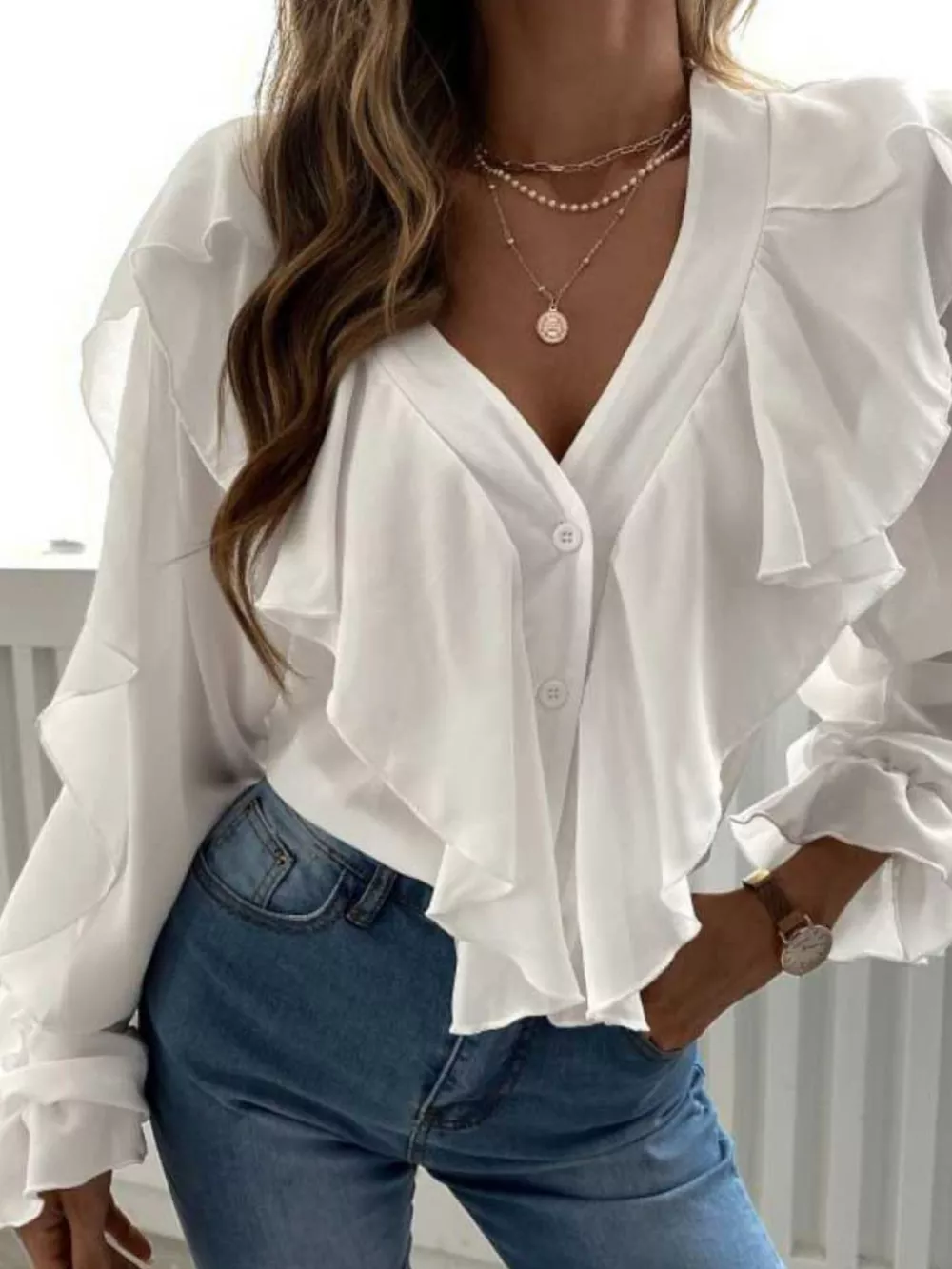 Full Size Ruffle Trim V-Neck Shirt Plus Size, image 2
