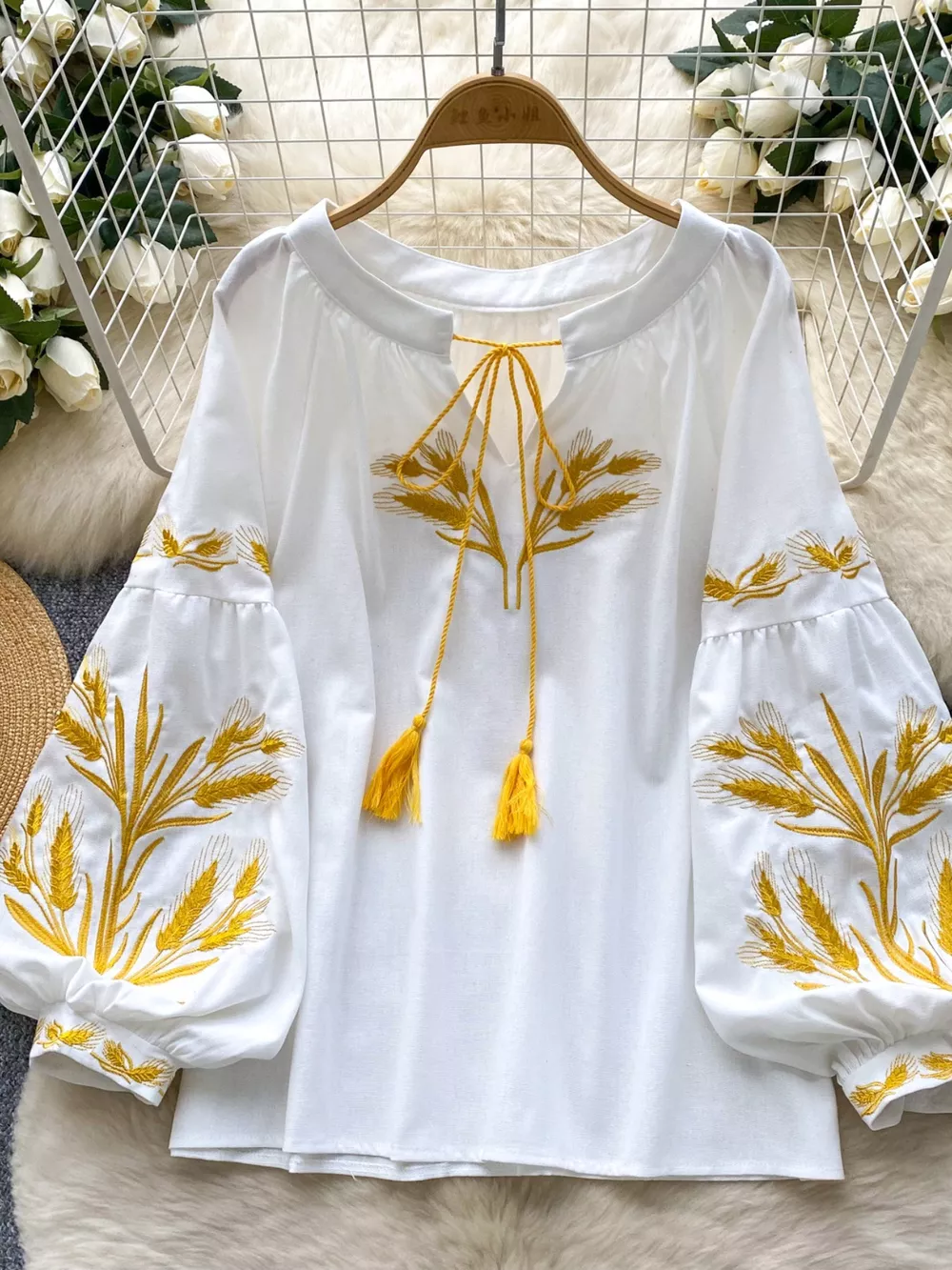 Embroidered Wheat Pattern Tie Neck Blouse, image 9