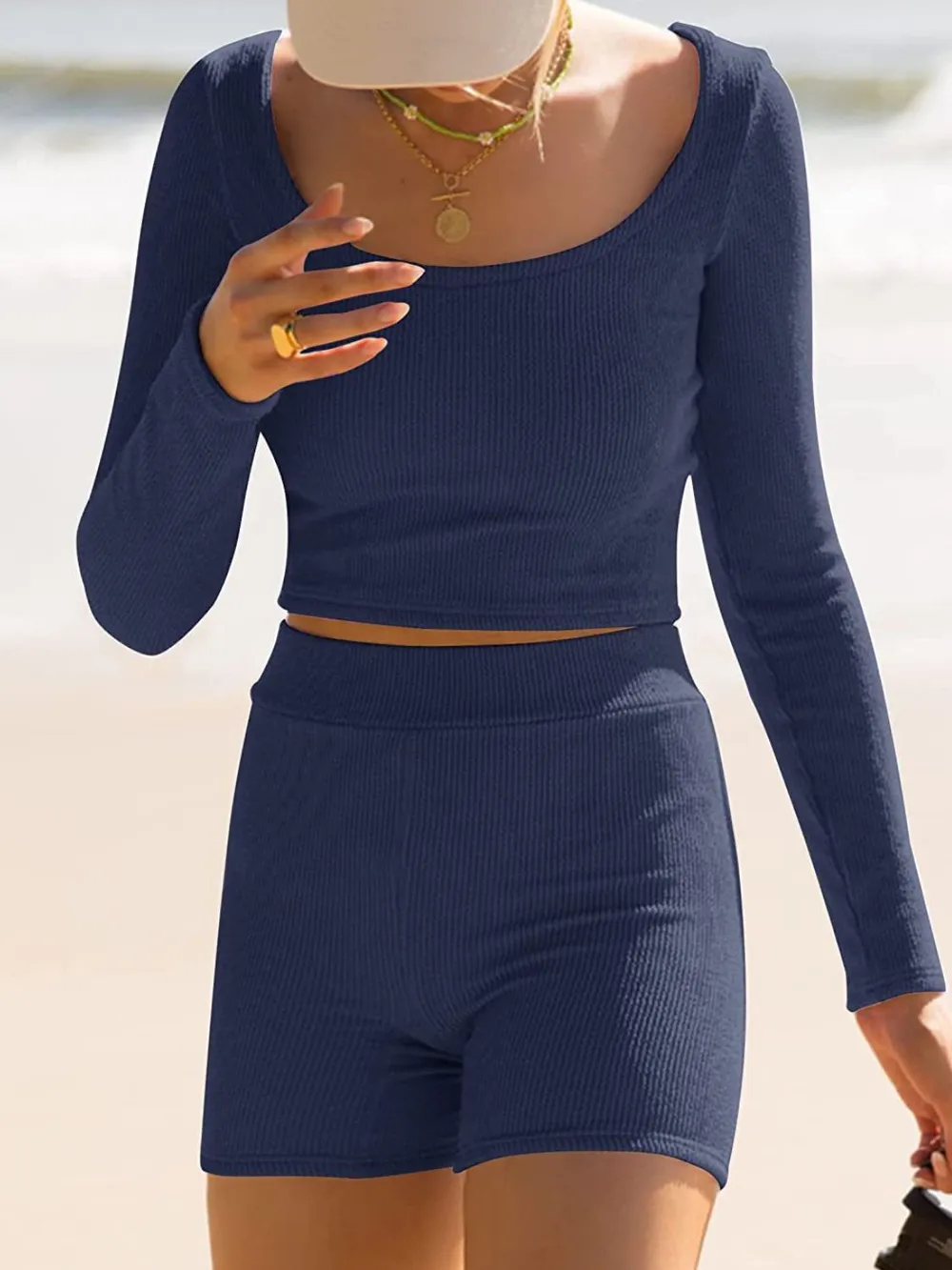 Scoop Neck Long Sleeve Top and Shorts Set, image 27