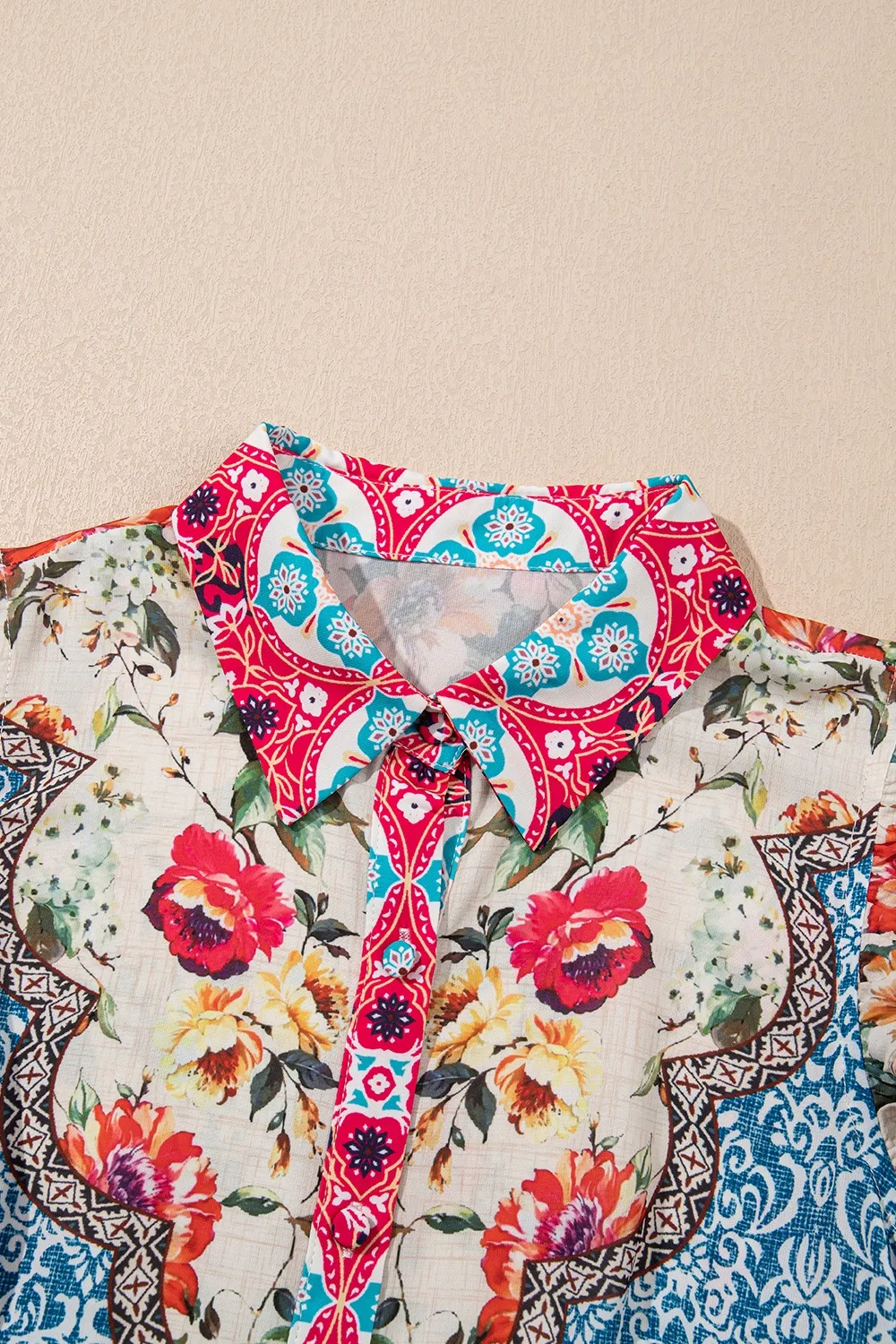 Floral Mixed Pattern Ruffle Flutter Sleeve Buttoned Dress, image 3