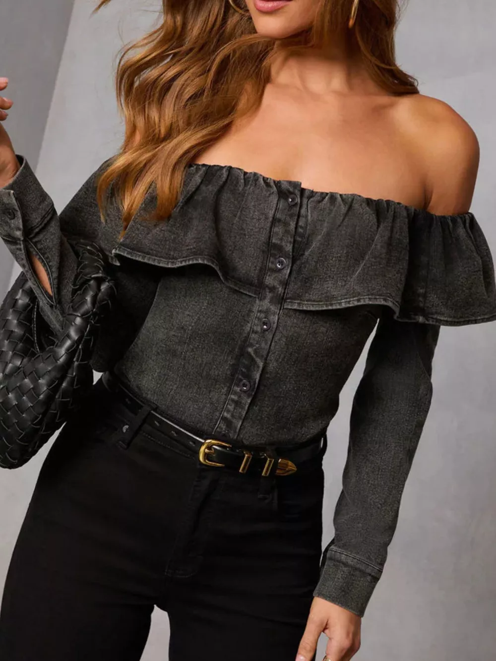 Off-Shoulder Ruffled Denim Top, image 2