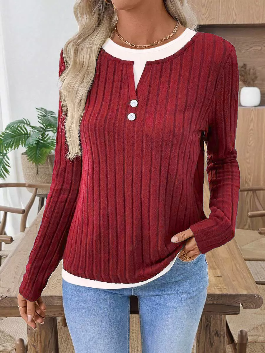 Ribbed Knit Long Sleeve Fake Two-Piece T-Shirt, image 11