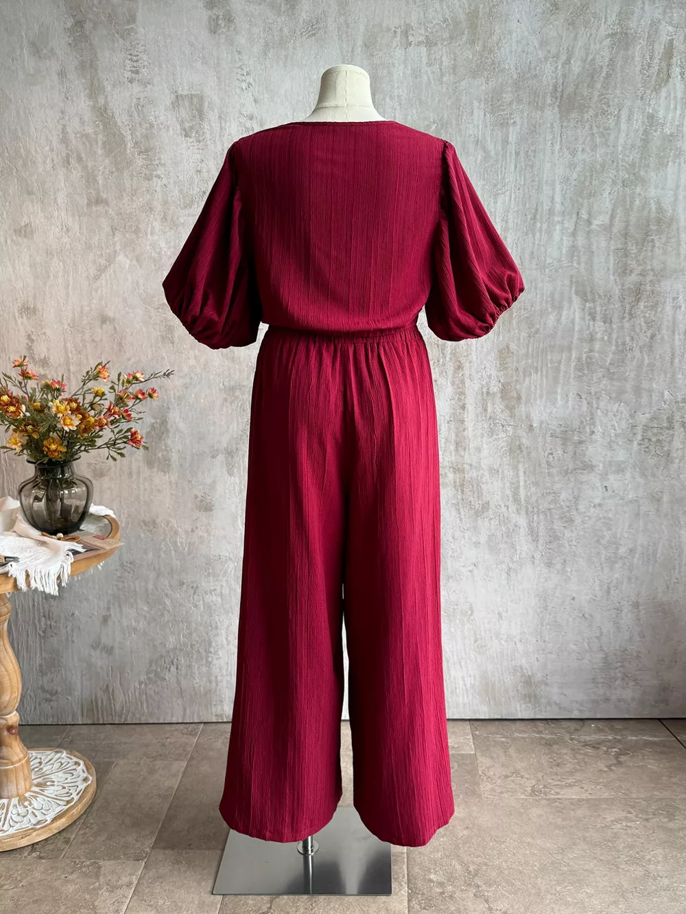 Plus Size Tie-Front Puff Sleeve Top and Wide-Leg Pants Set, image 3
