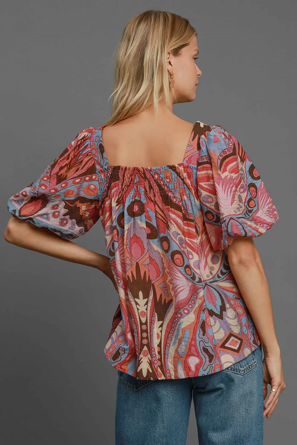 Full Size Abstract Print Smocked Square Neck Puff Sleeve Blouse, image 2