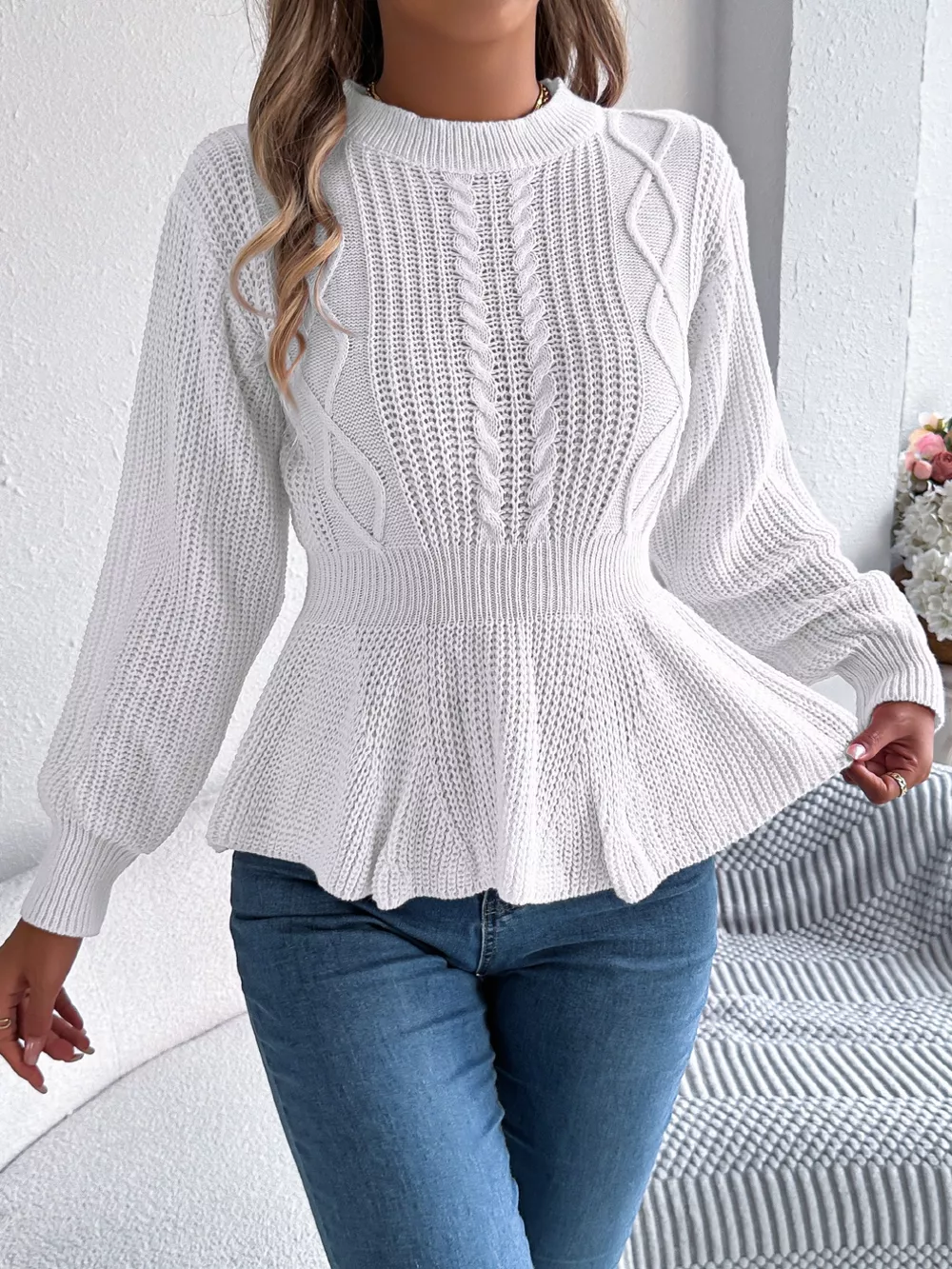 Cable Knit Round Neck Peplum Sweater, image 7