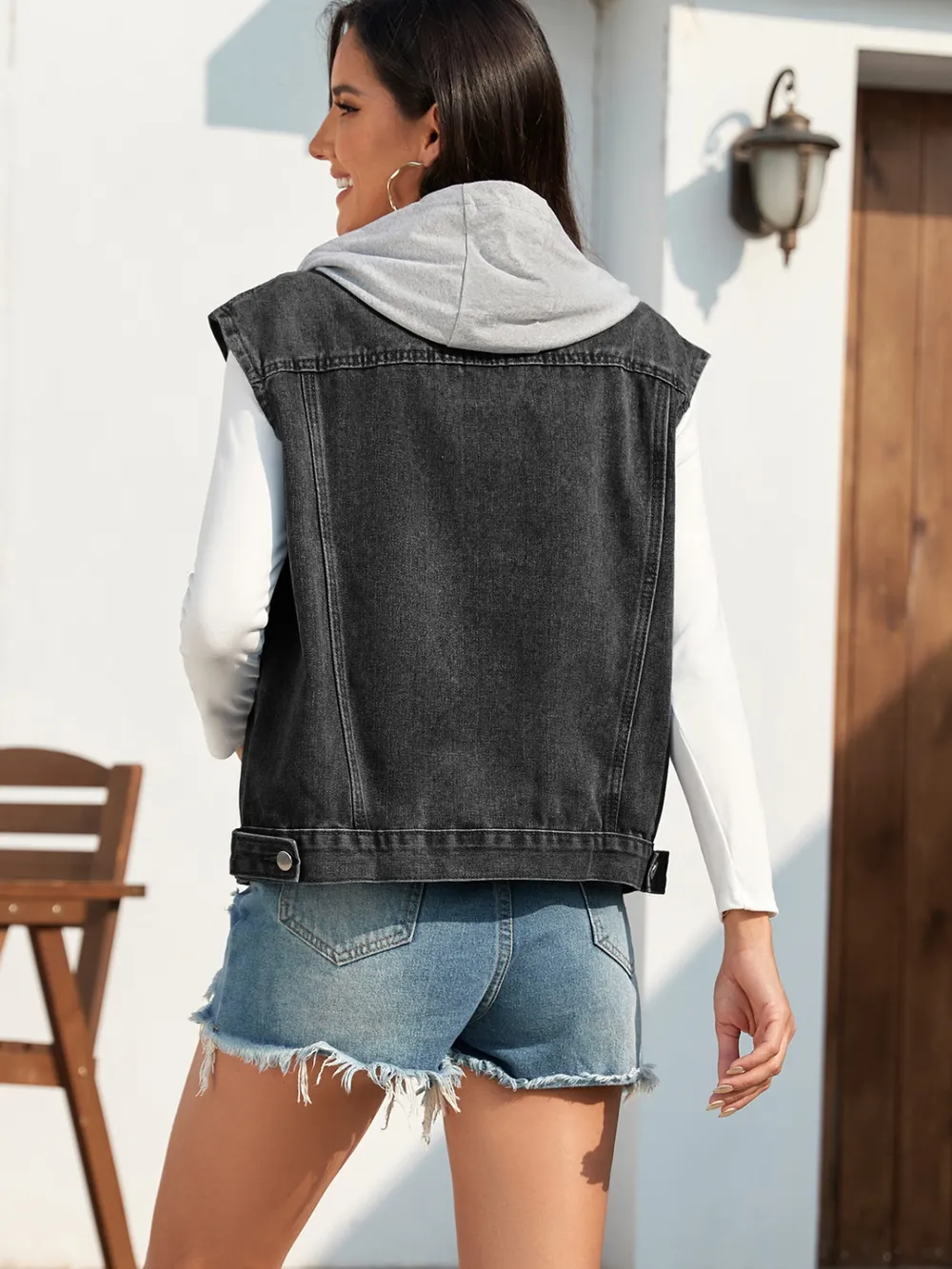 Pocketed Button Up Hooded Denim Jacket, image 3
