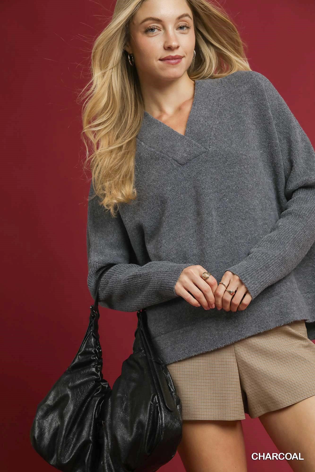 V-Neck Sweater with Wide Trim Detail