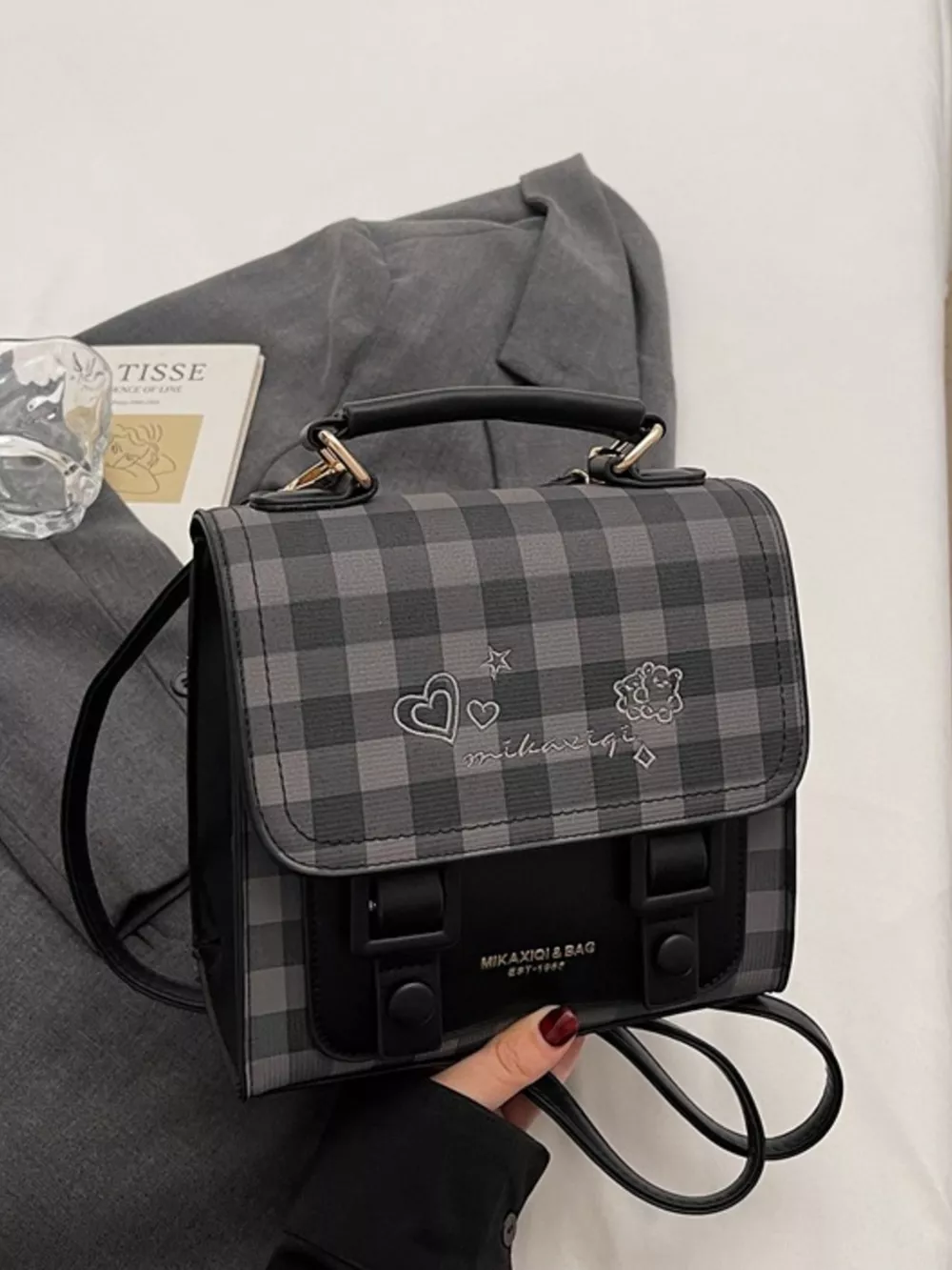 Plaid Pattern Embroidered Flap Backpack Bag