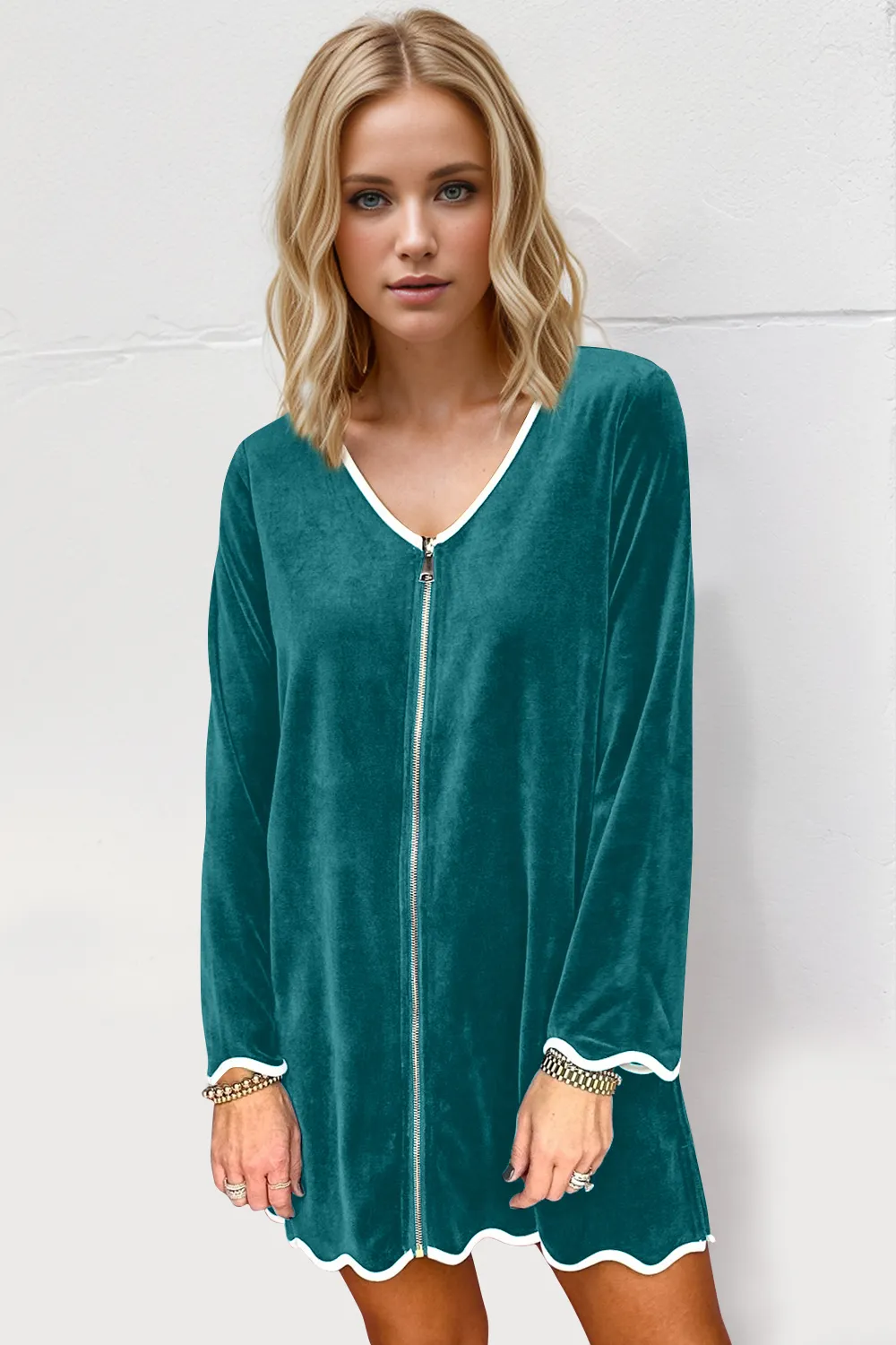Wave Contrast Trim V-Neck Zip Up Long Sleeve Mini Dress, image 3