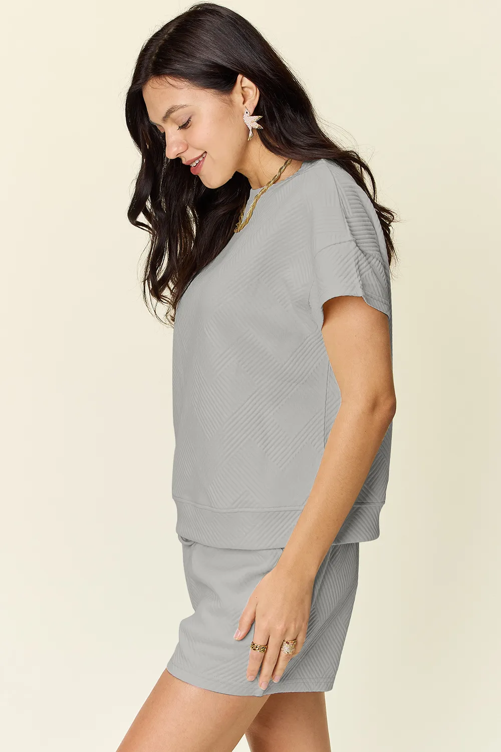 Full Size Texture Short Sleeve T-Shirt and Drawstring Shorts Set, image 9