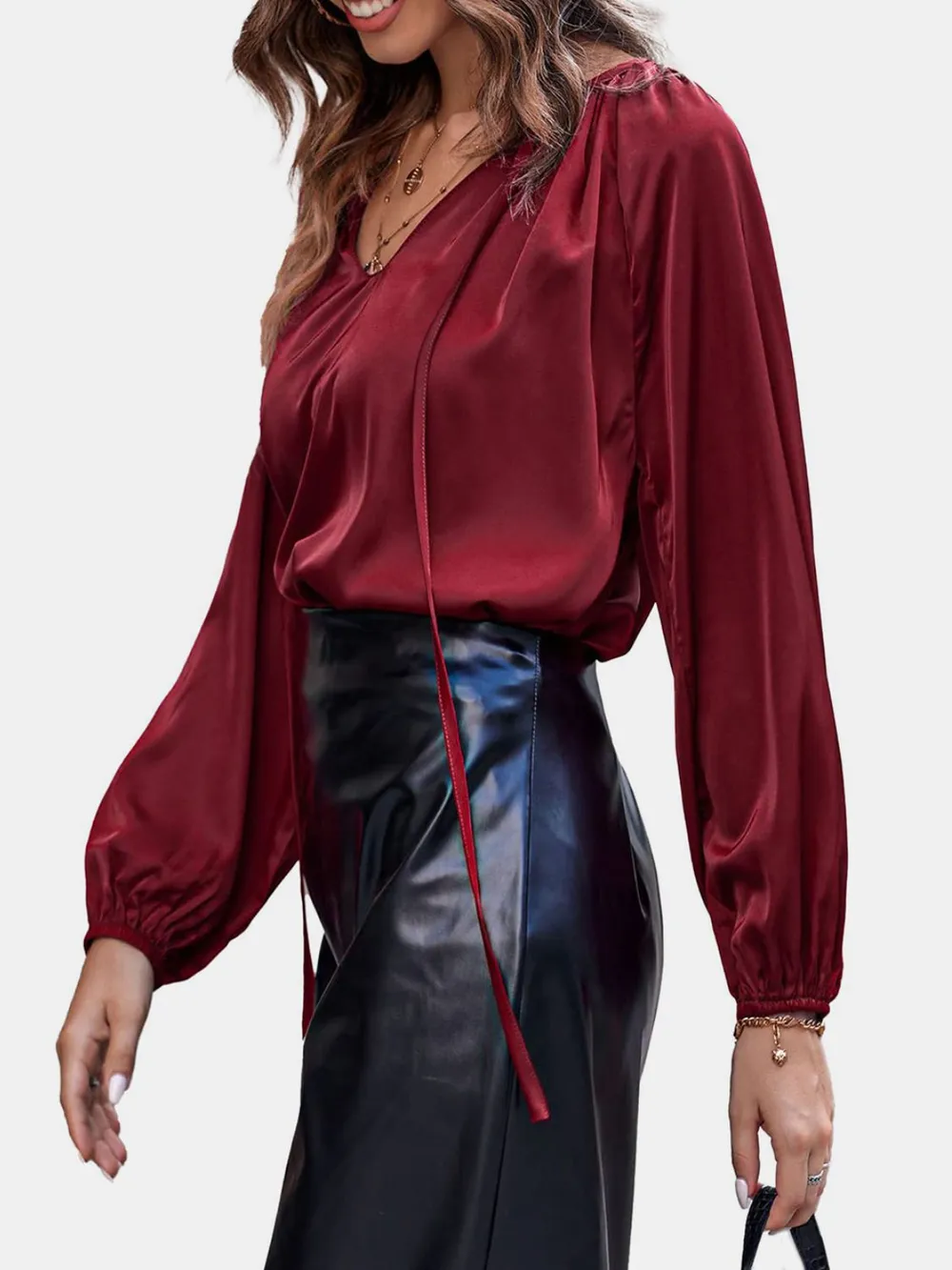 Ruched Tie Neck Balloon Sleeve Blouse, image 3