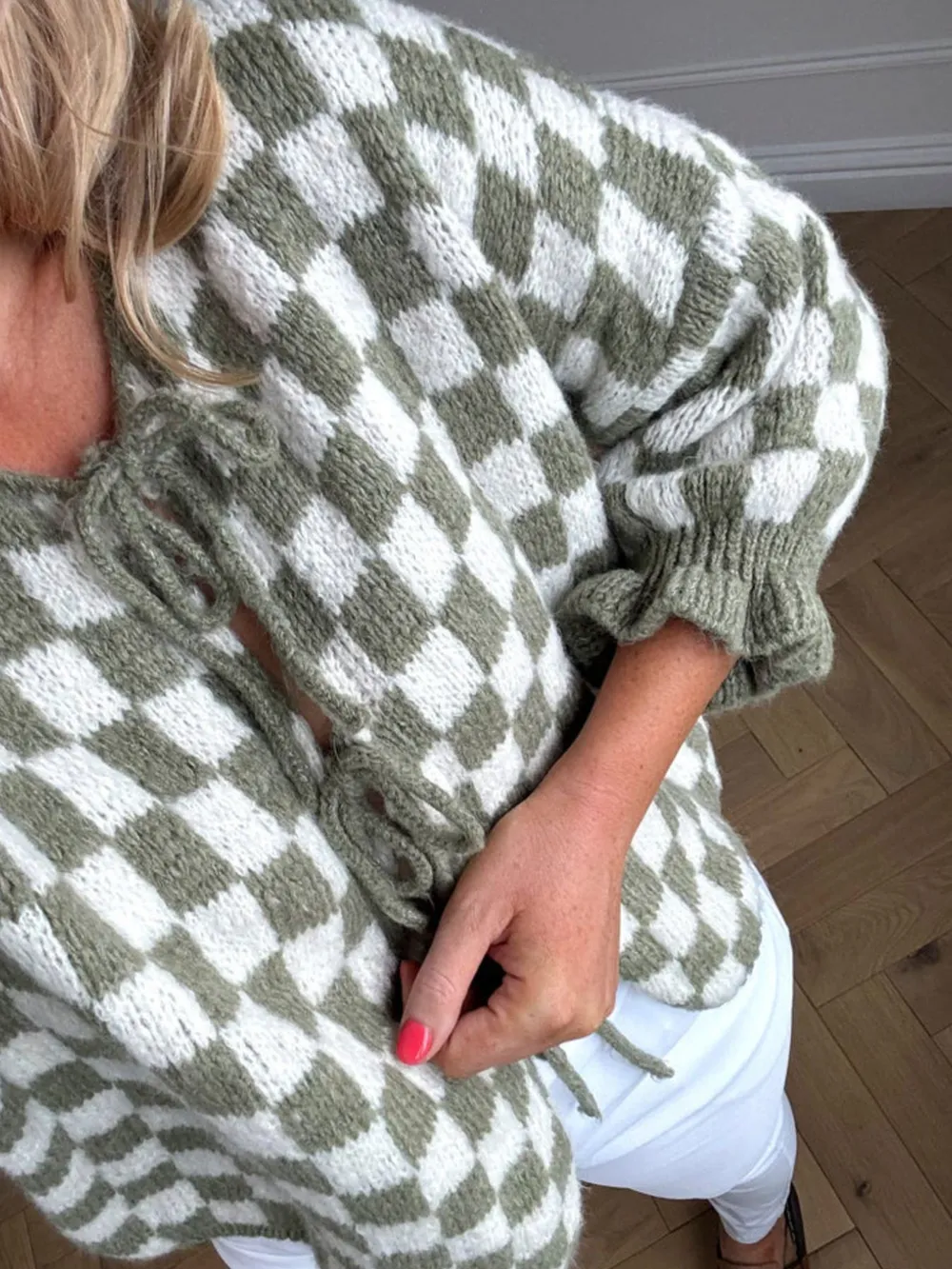 Checkered Tie-Front Knit Cardigan, image 4