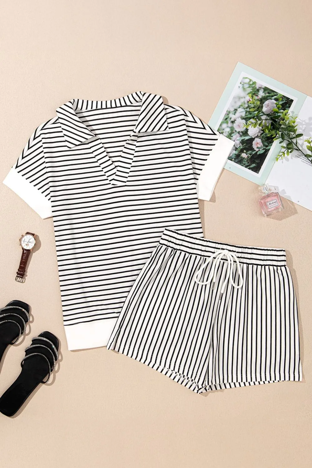 Stripe V Neck Tee and Casual Shorts Set, image 3