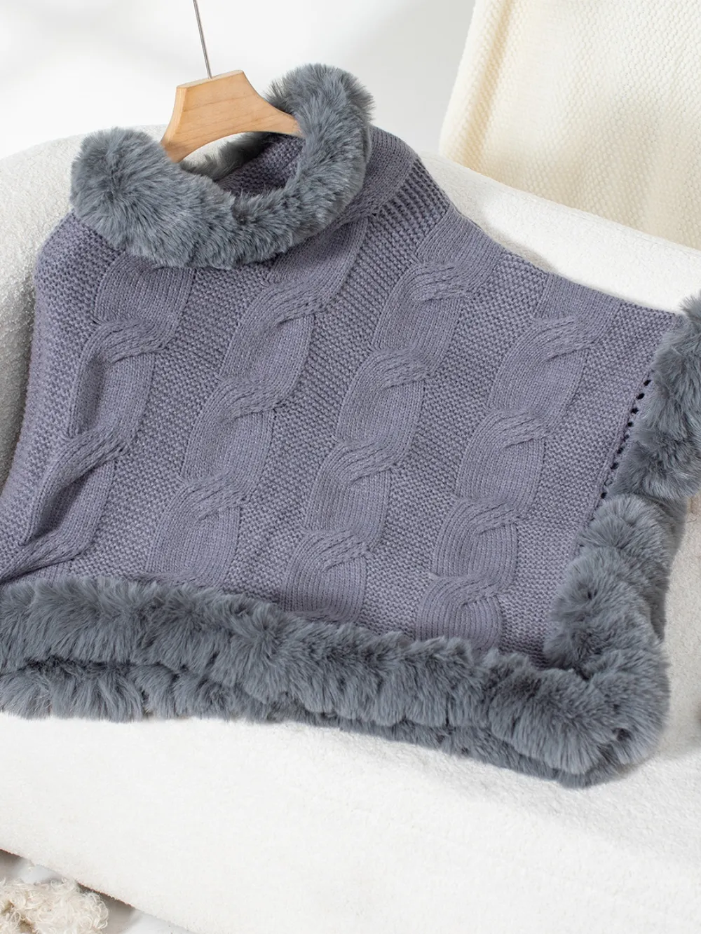 Fuzzy Hem Cable-Knit Poncho, image 16