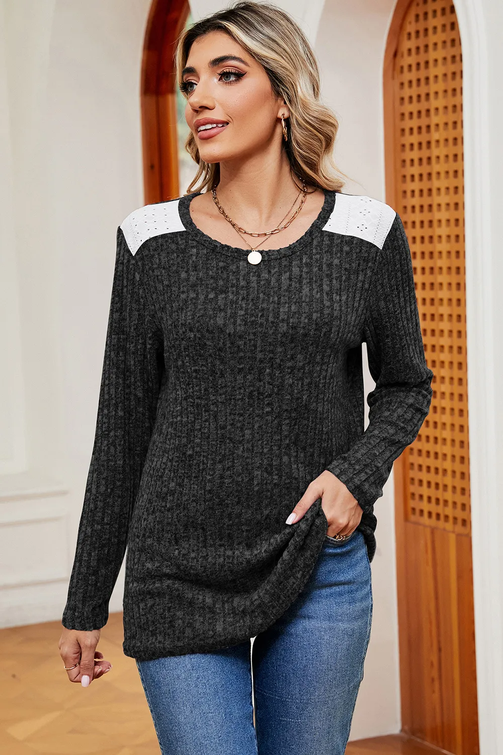 Eyelet Ribbed Round Neck Long Sleeve T-Shirt, image 6