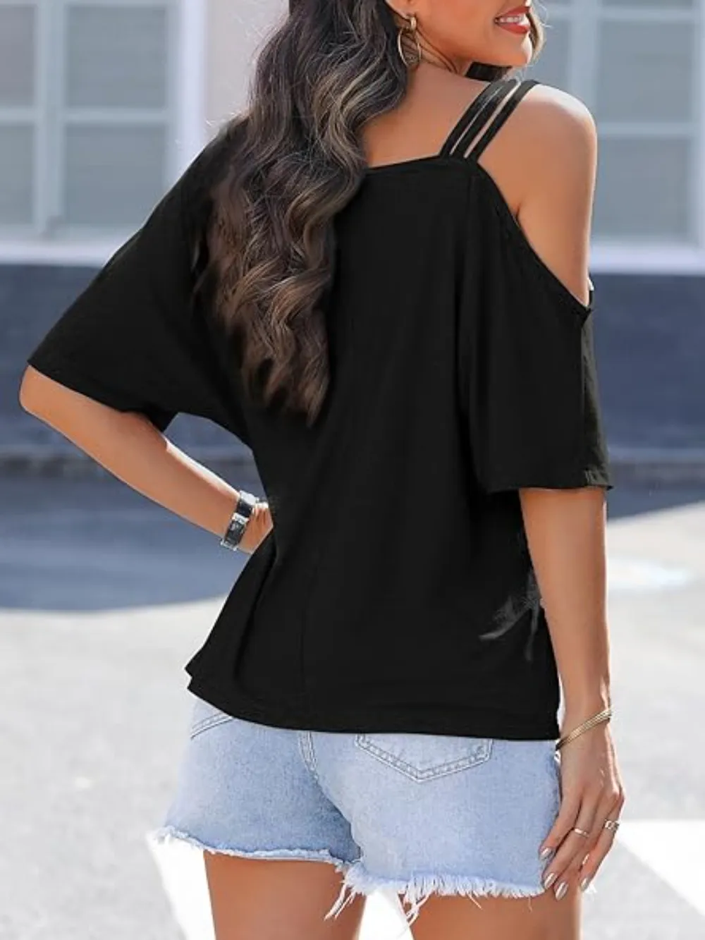 Asymmetrical Neck Half Sleeve T-Shirt, image 8