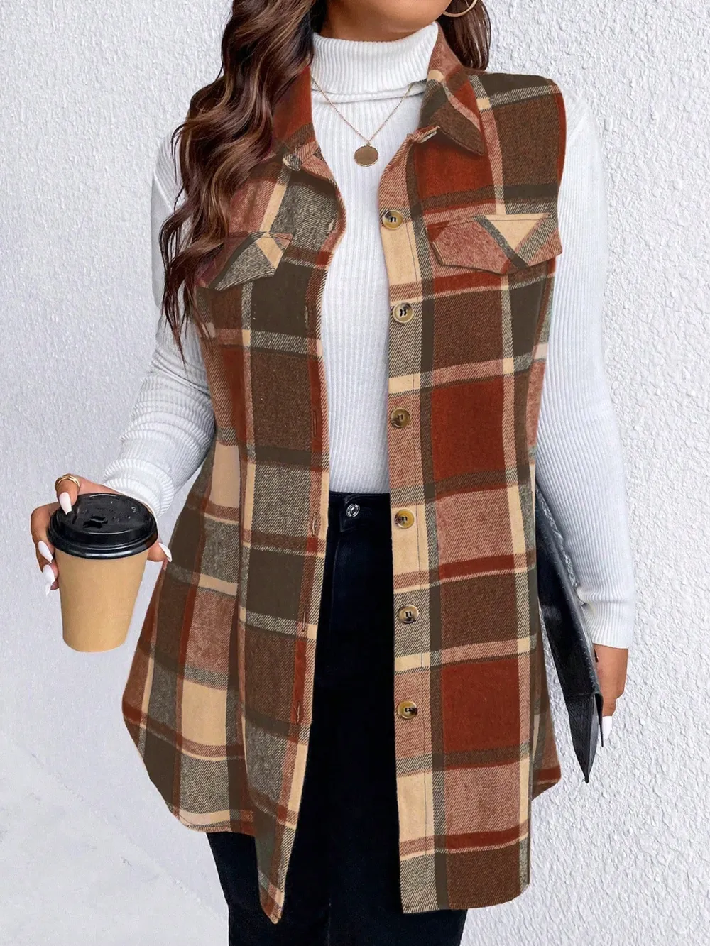 Plus Size Pocketed Plaid Button Up Vest Coat, image 5