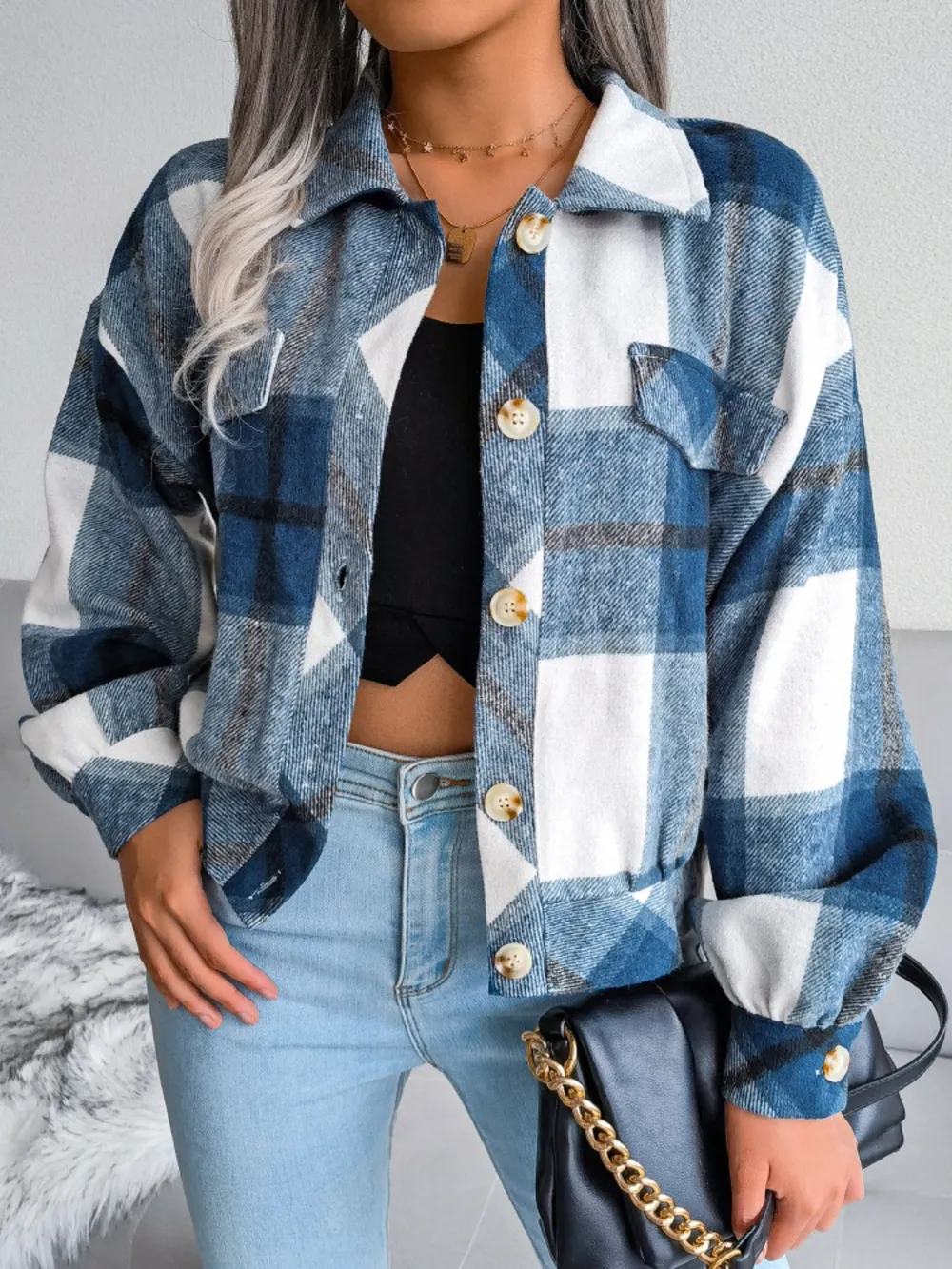 Plaid Collared Neck Long Sleeve Jacket, image 22