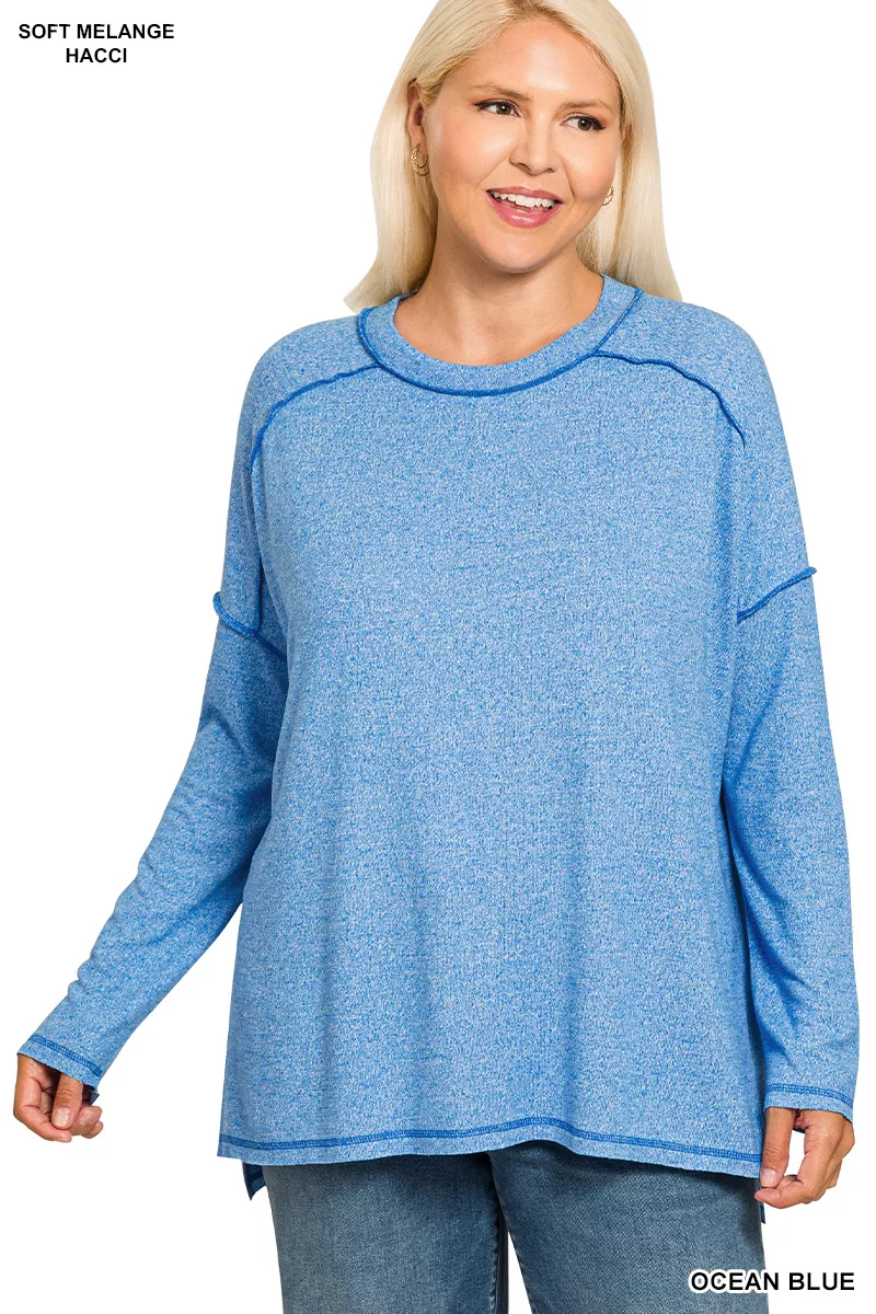 Full Size Melange Hacci Exposed Seam Hi-low Tee Plus Size, image 7