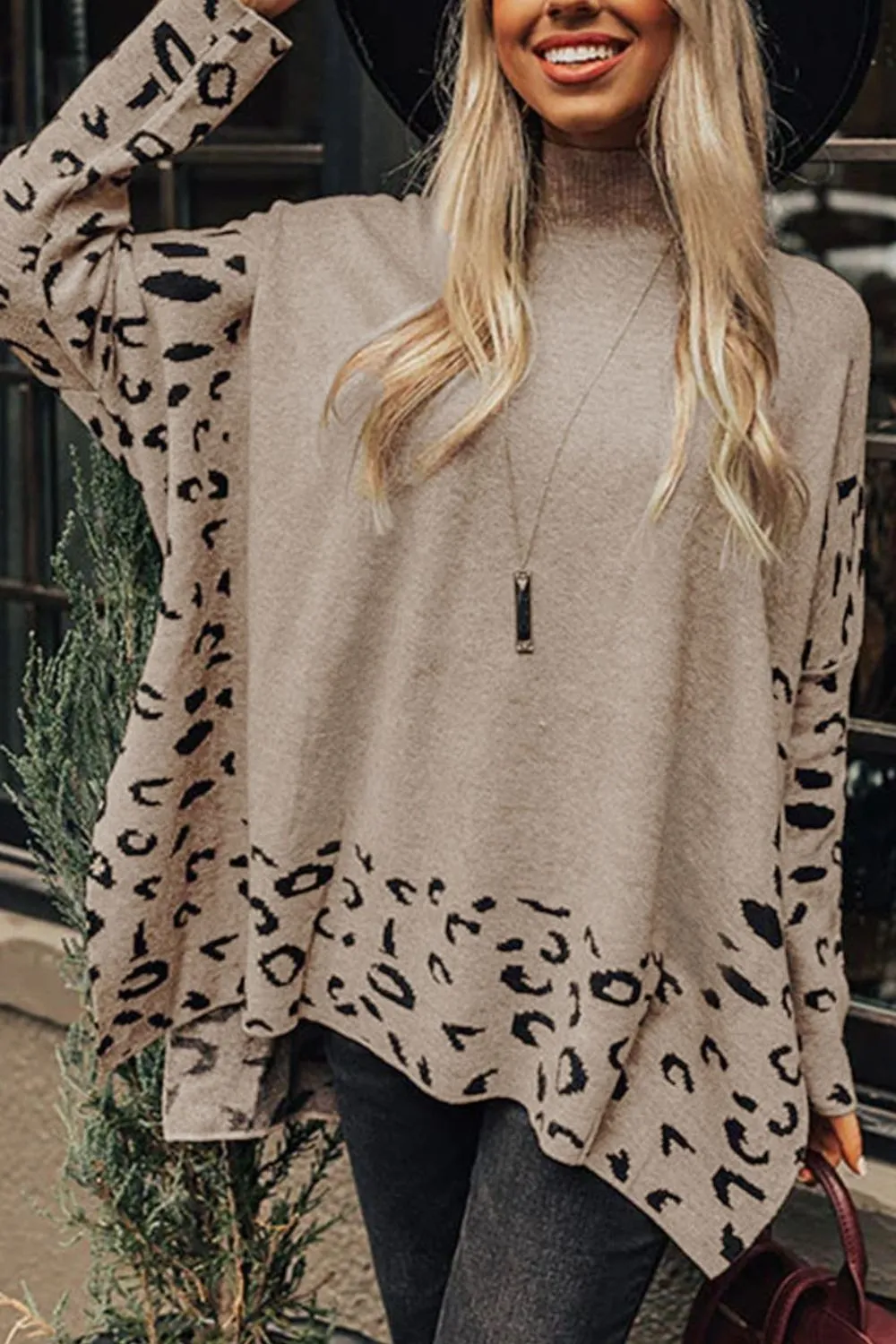 Slit Leopard Mock Neck Dropped Shoulder Sweater, image 3