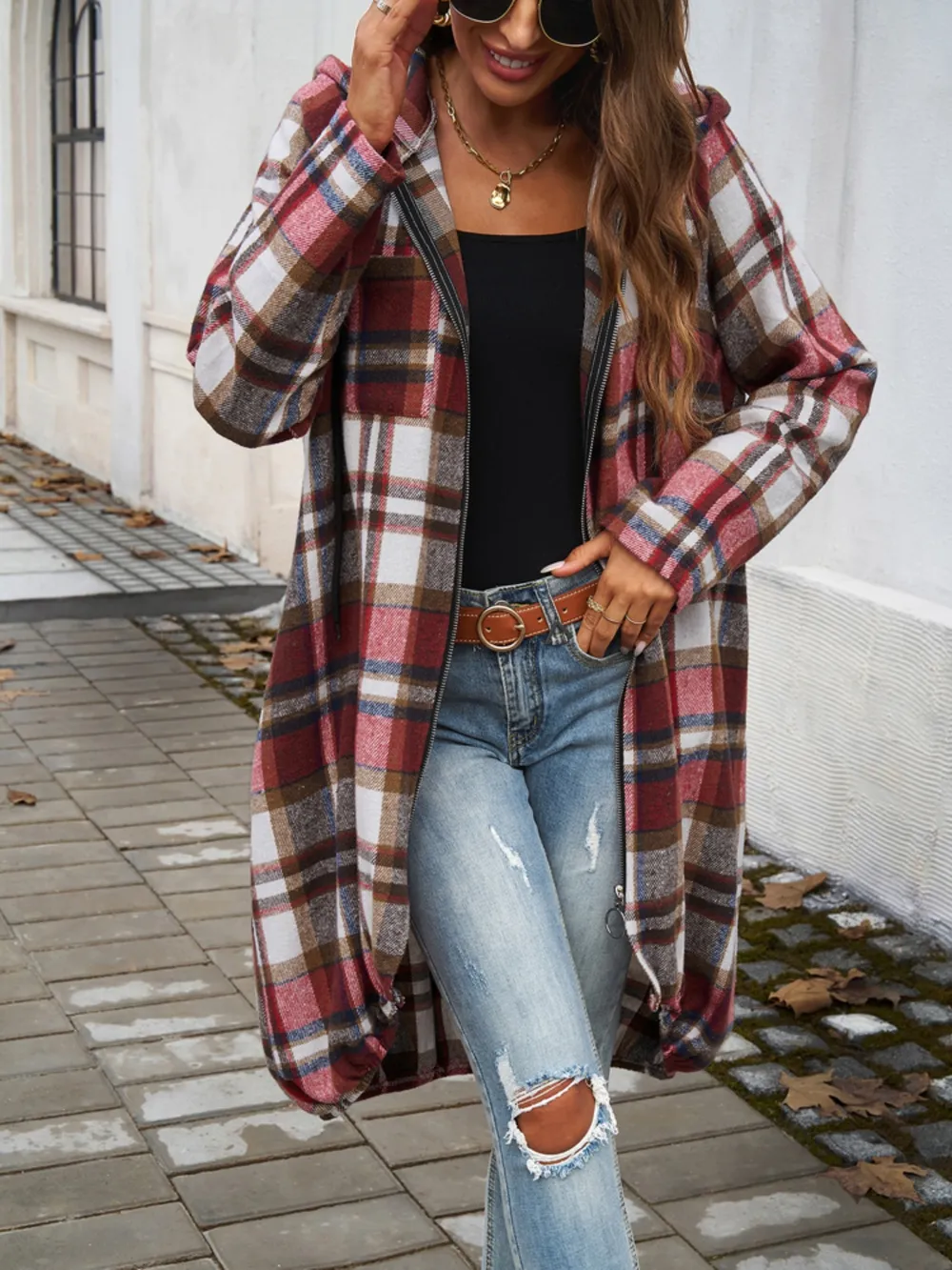 Plaid Zip Up Hooded Coat, image 4