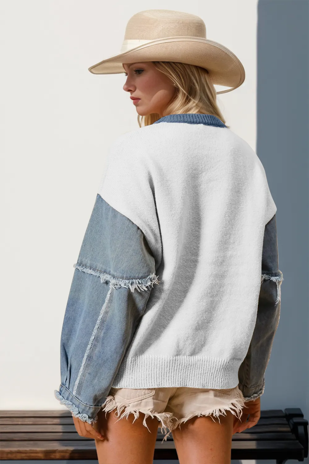 Full Size Star Pattern Raw Edge Long Sleeve Sweater, image 3