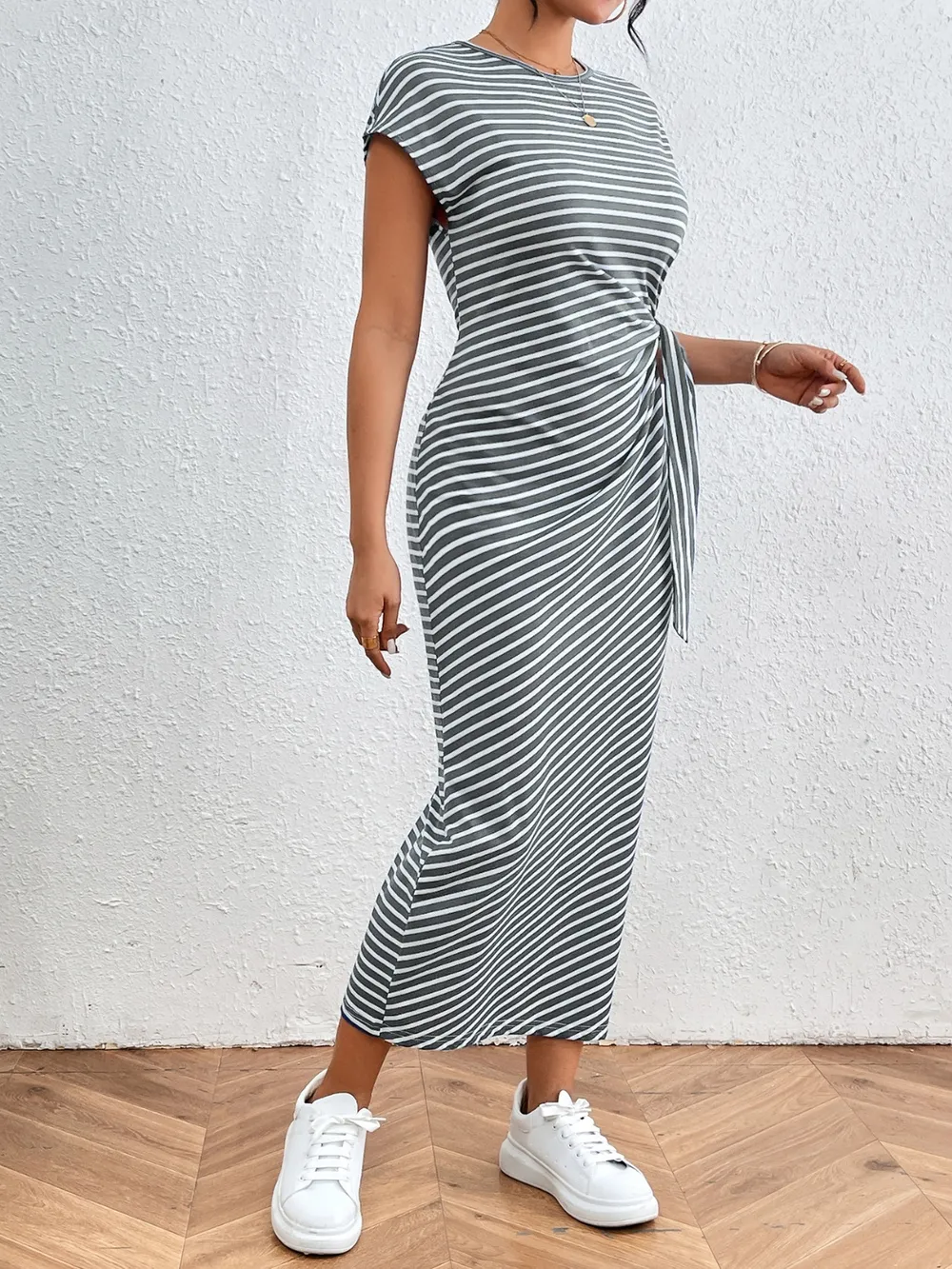 Tied Striped Round Neck Short Sleeve Tee Dress, image 4