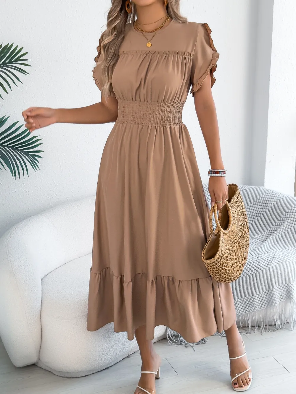 Smocked Frill Round Neck Midi Dress, image 4