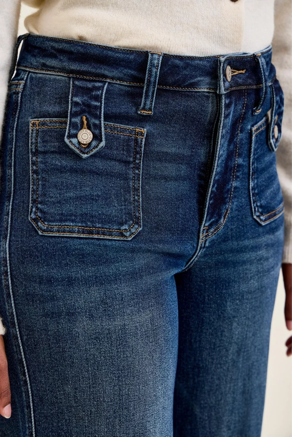 High Waist "lux" Retro Wide Jeans with Front Patch Tab Closure Dk Fade Indigo, image 5