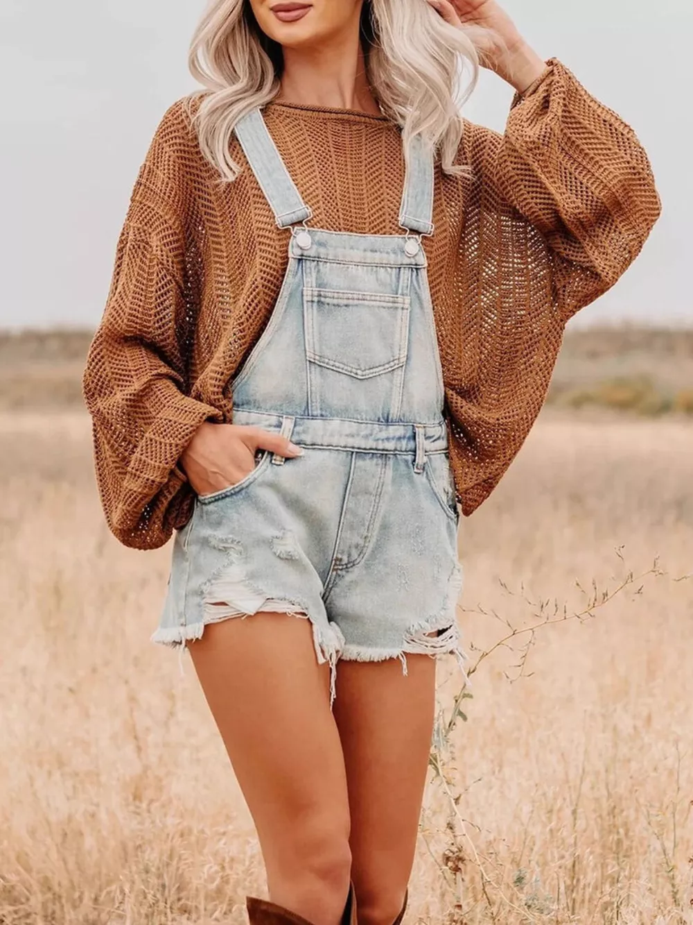 Distressed Denim Overalls Shorts, image 7