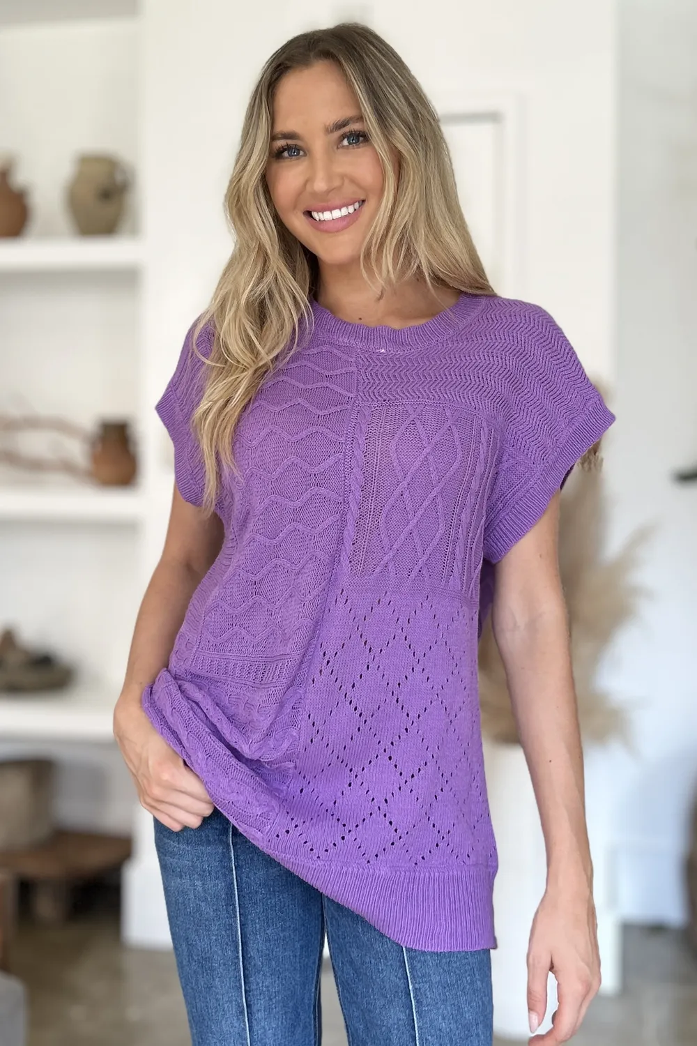 Full Size Cable-Knit Round Neck Cap Sleeve Sweater, image 10