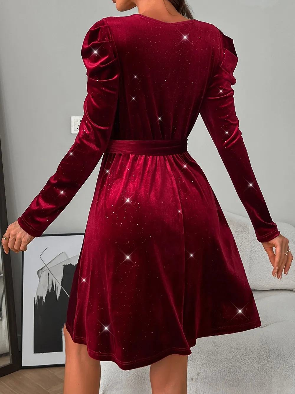 Glitter Round Neck Puff Sleeve Dress, image 8