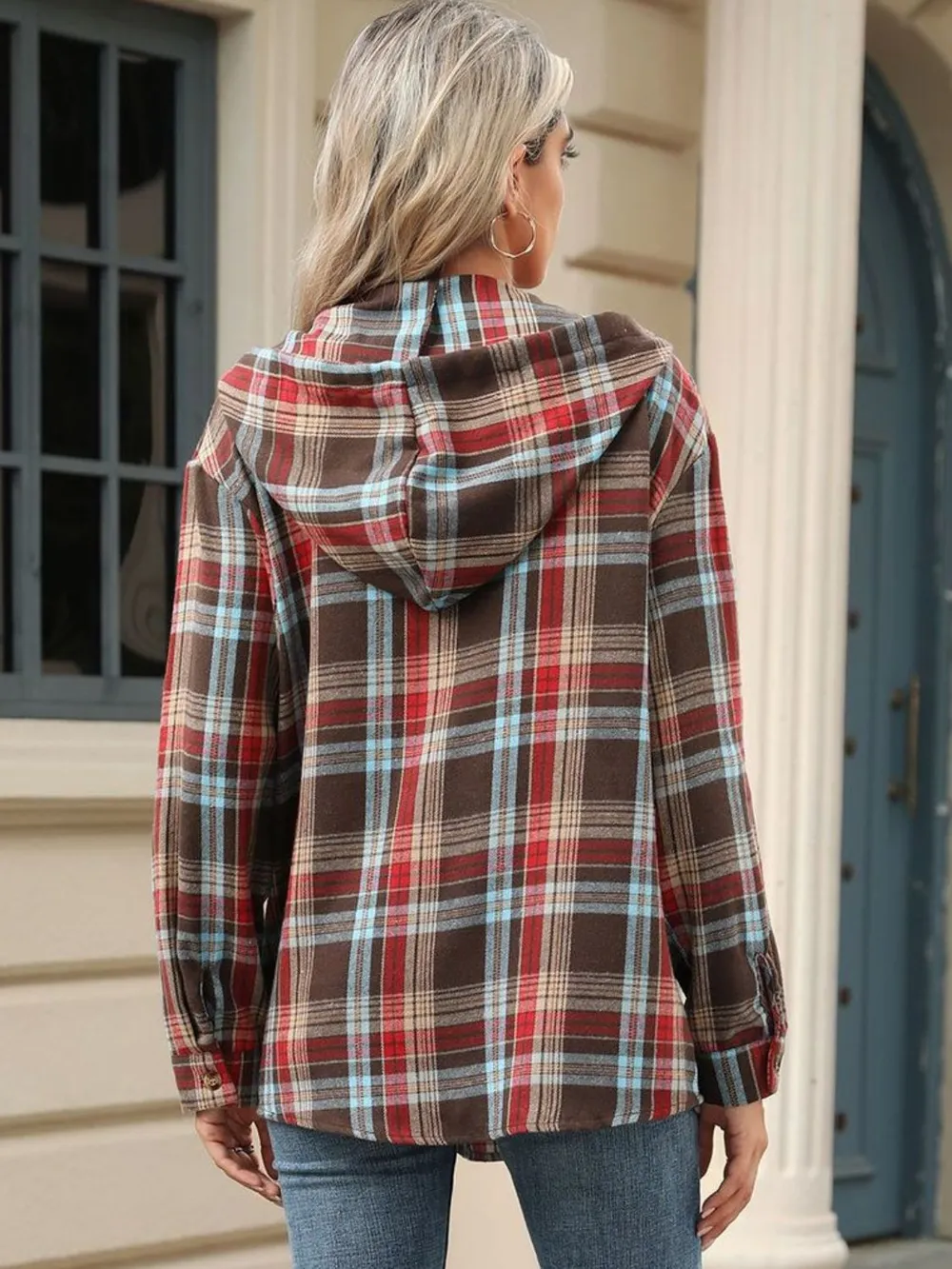 Drawstring Plaid Hooded Long Sleeve Top, image 18