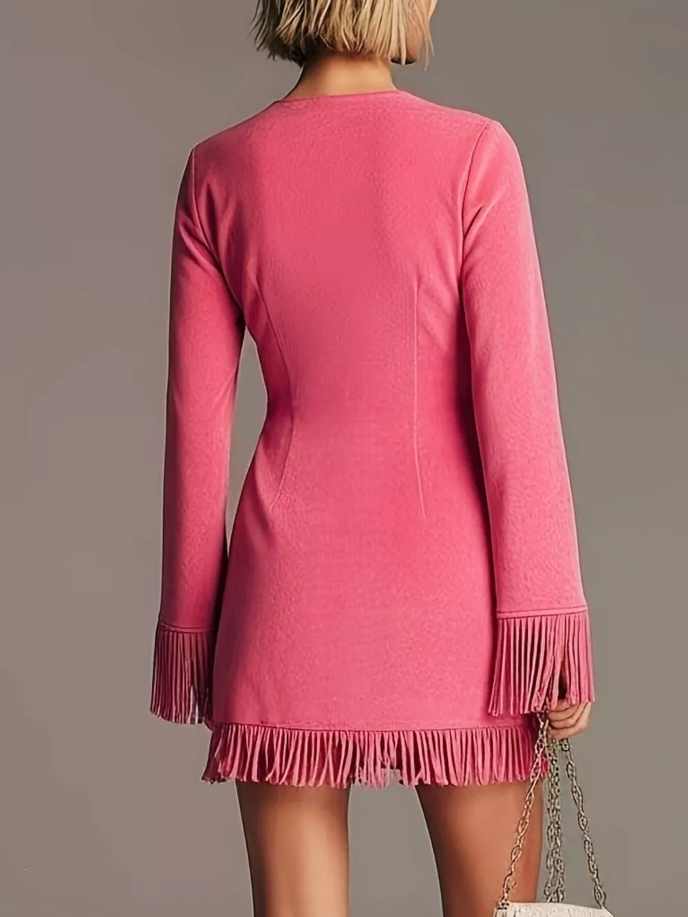 Boho Chic Fringed Suede V-Neck Mini Dress, image 4