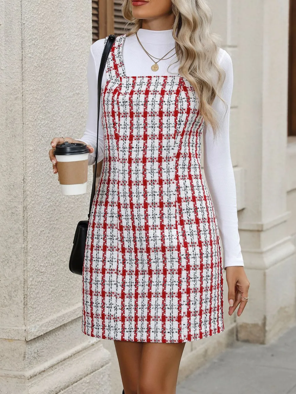 Plaid Tweed Square Neck Mini Dress, image 5
