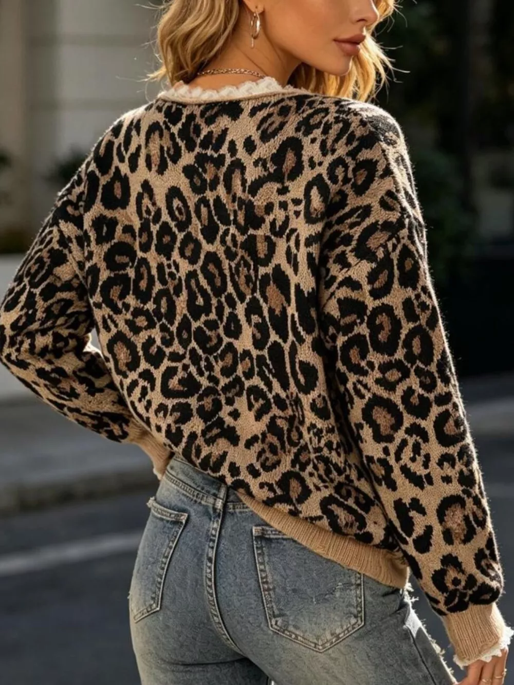 Full Size Leopard Print V-Neck Lace Trim Sweater Plus Size, image 3
