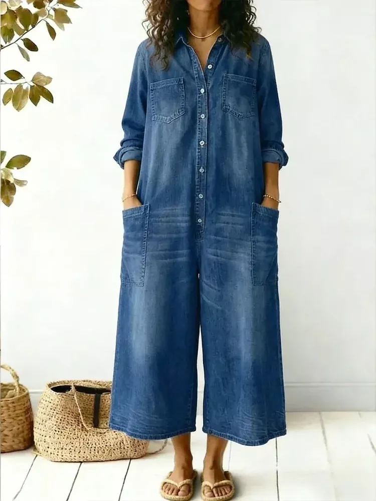 Full Size Button Front Wide Leg Jumpsuit with Chest Pockets Plus Size, image 2
