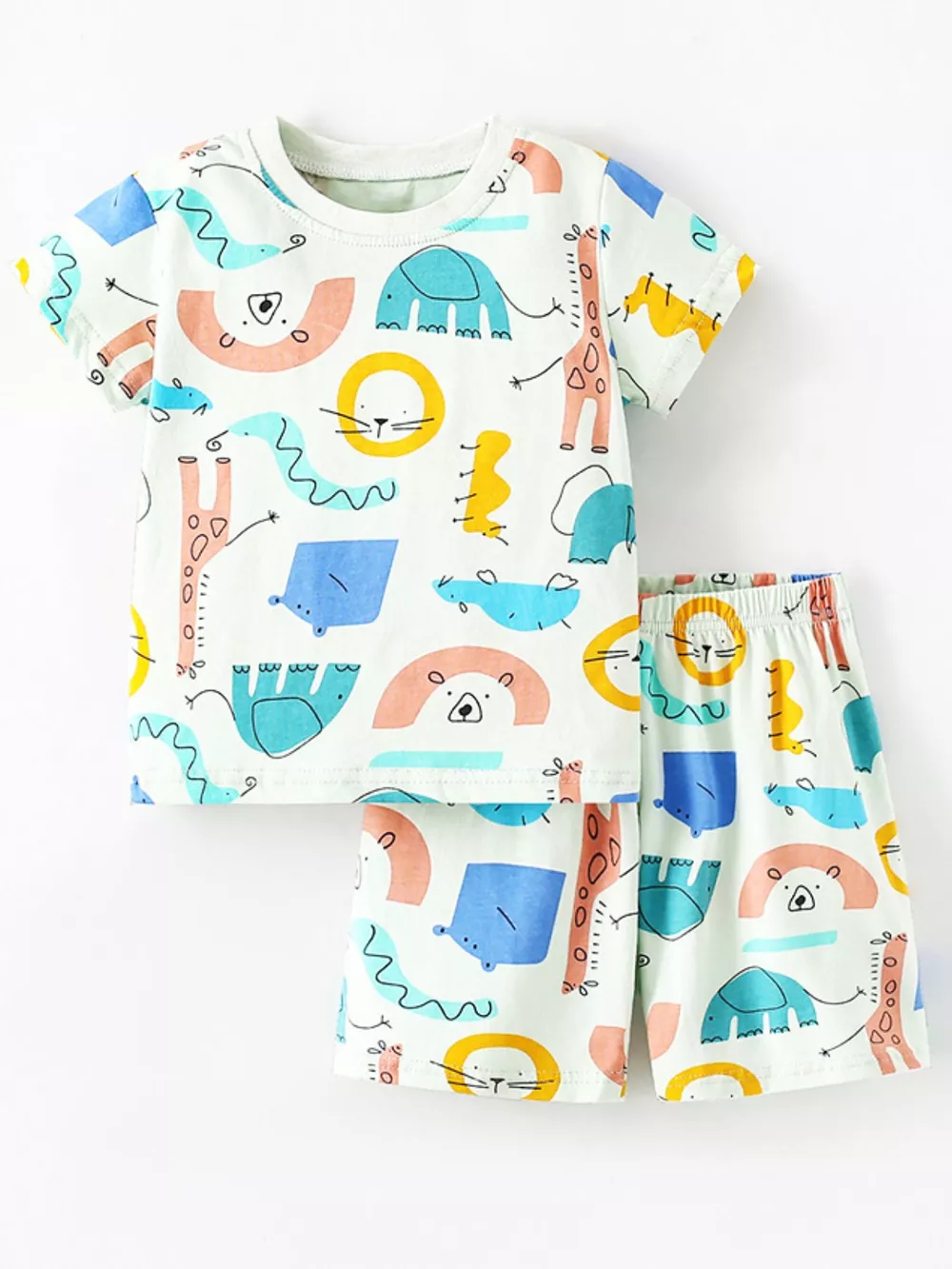 Children's Cartoon Animal Print Tee and Shorts Pajama Set